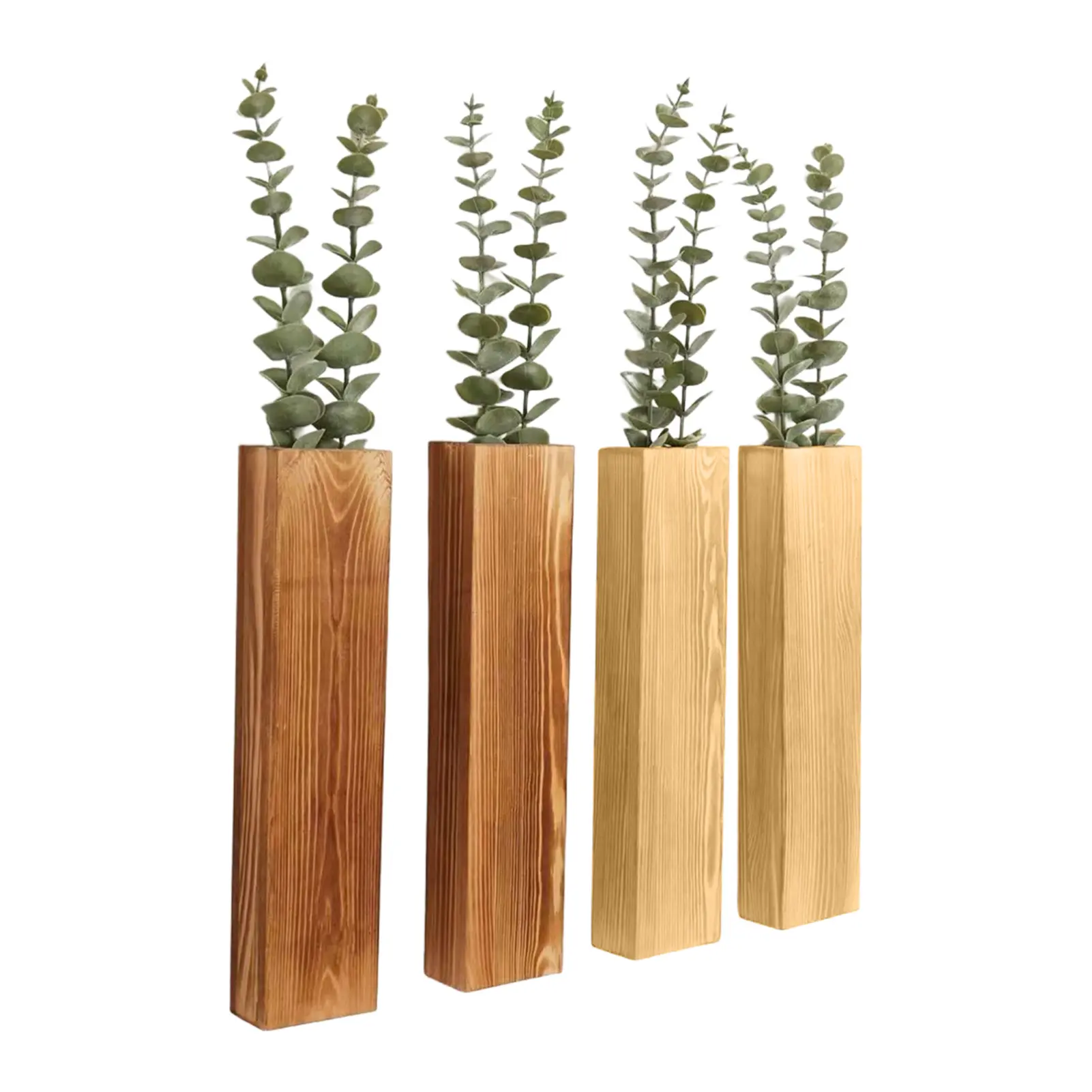 Wooden Wall Planters with Fake Eucalyptus Stems, Modern Farmhouse Wood Vases Wall Decor for Living Room, Bedroom, Bathroom, Indoor, Dark Brown
