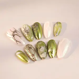 Olive Green Chrome Press On Nails, Abstract Marble Gold Vein Nails, Luxury Botanical Handmade Reusable False Nails