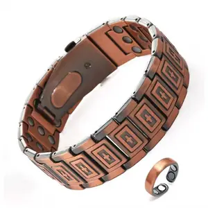 Men's Copper Bracelet and Ring Set - Square Cross Design, 3-Row 3500 Gauss Magnets, Foldable Clasp, Adjustable Size with Adjustment Tool, Stylish Fashion Accessory, Health Gifting Choice