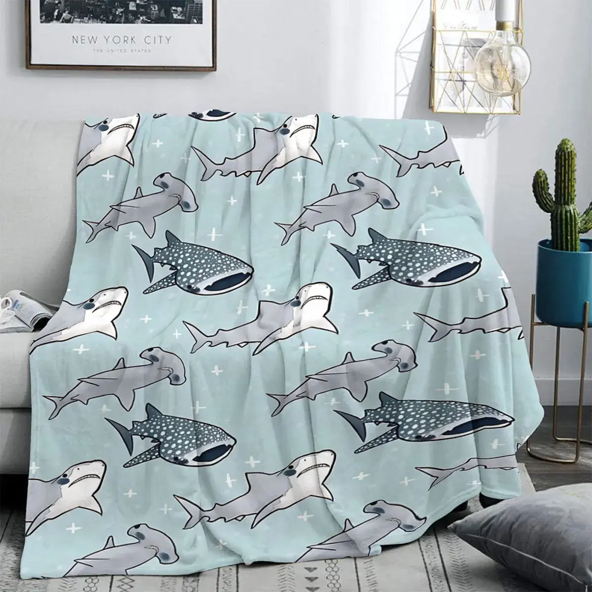 Flannel Blanket Modern Shark Whale Ocean Design, Flannel Cozy Blanket Soft Animal Theme Decorative Blanket Multi-Purpose Sofa Bed Car Outdoor Garden Decor Gift Home Decoration Accessories Animal Blankets