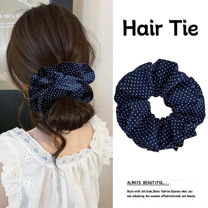 Oversized Polka Dot Scrunchie for Women, Large Ruffled Hair Tie, Non-Slip Hair Scrunchies for Thick Hair, Y2K & Coquette Hairstyles - Navy Blue, Female, Ruffled Edge