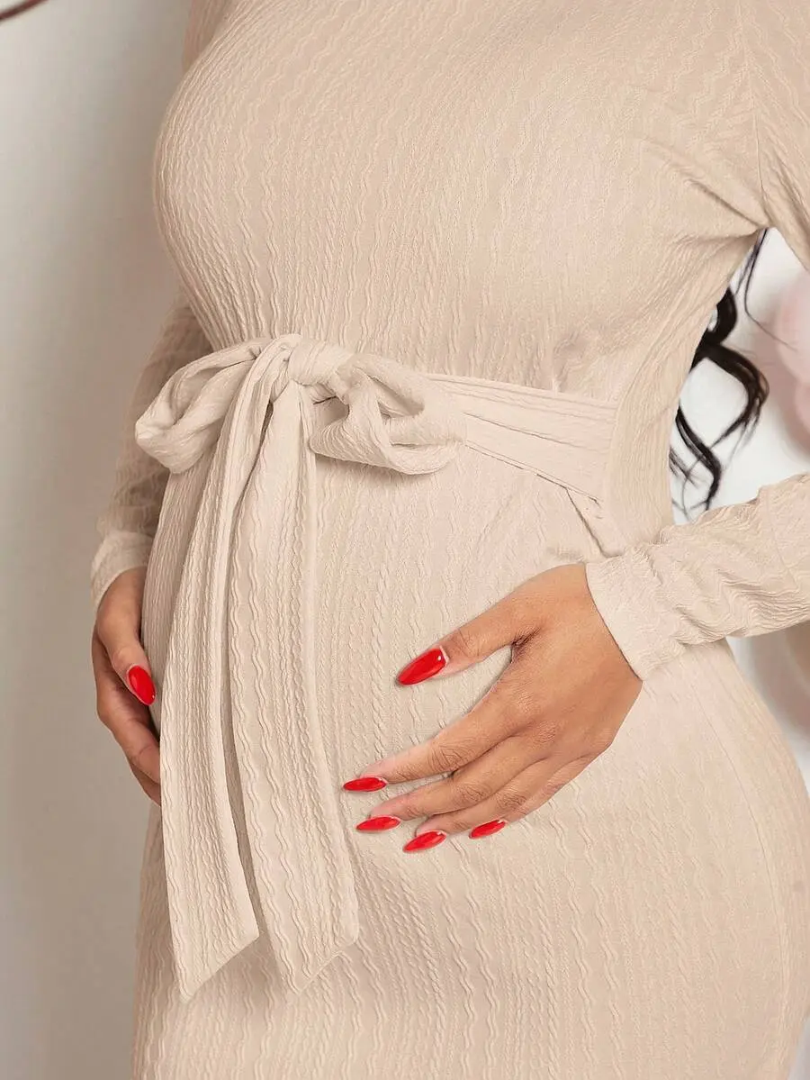 beige fitted maternity dress Beige Cutout Fitted Maternity Midi Dress