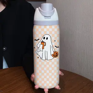 32oz Ghost Pumpkin Head Dual-Drink Sports Water Bottle, Stainless Steel Vacuum Insulated, Large Capacity Fruit Cup, Perfect Gift for Women, Insulated Tumbler