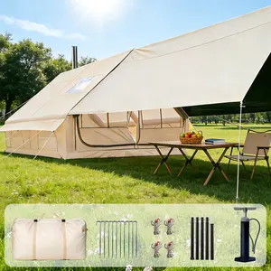 Blackout Inflatable Camping Tent with Awning, Waterproof Oxford Fabric Air Tent, Quick Setup Blow Up Tent with Hand Pump, 8-12 Person 4-Season Tent with Ground Tarp for Camping Glamping