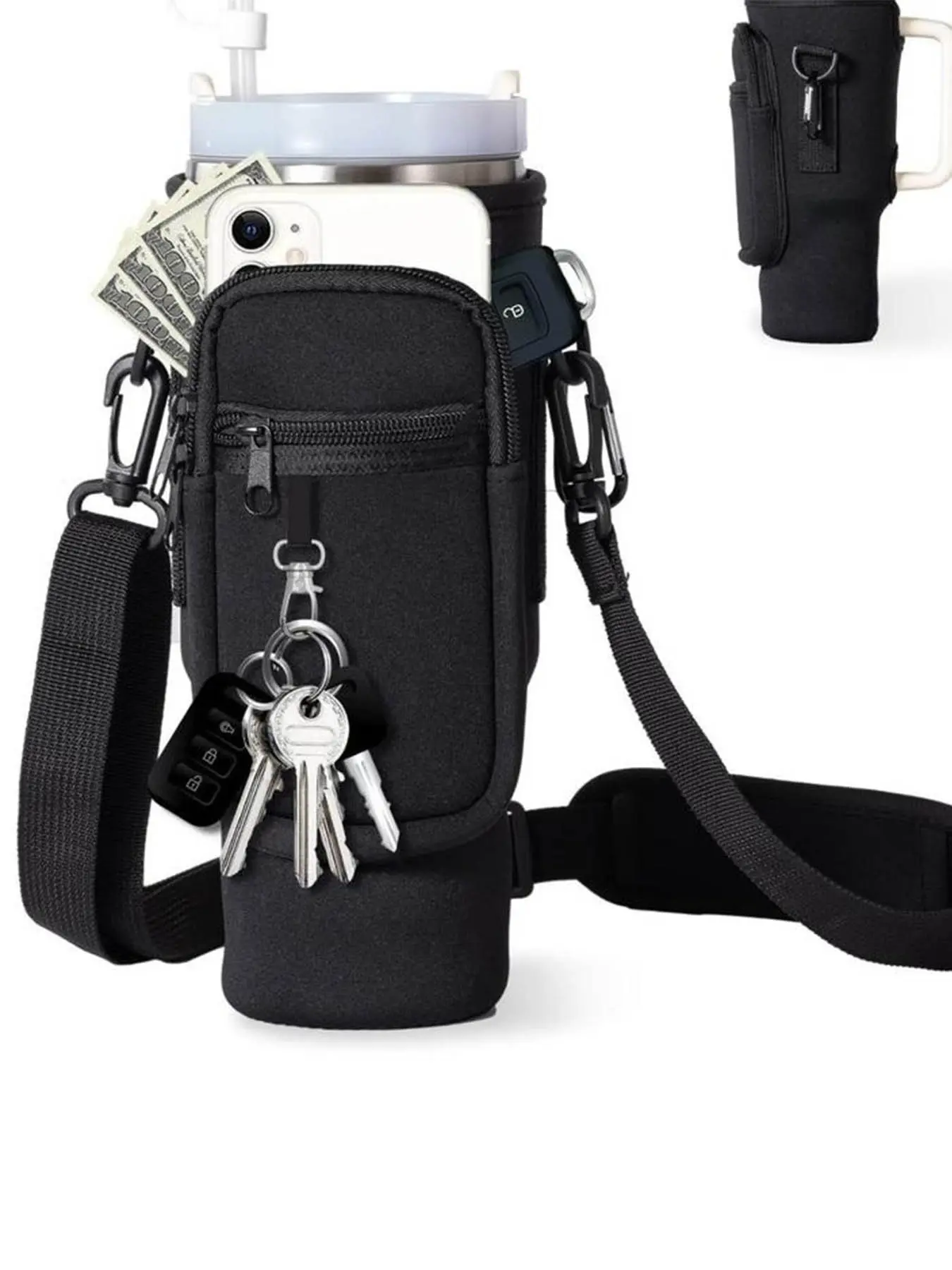 Water Bottle Carrier Bag with Phone Pocket Portable Travel Compatiblewith 40oz Tumbler, Water Bottle Holder Pouch withAdjustable Shoulder Strap for Cup Accessories