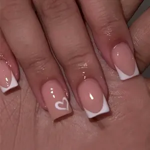 24pcs Sweet Cool Square Nails Nude French Heart Design, Quick 5-Minute Adhesive Nail Tips, Reusable No Glue, Perfect for Dating and Daily Use, Nail Art Diy