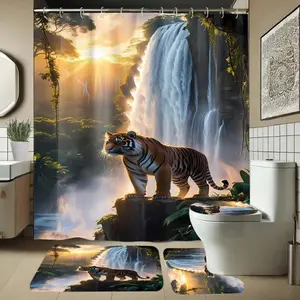 Waterfall Tiger Pattern Waterproof Shower Curtain Set with Rug, Non-Slip Bath Mat, U-Shaped Toilet Lid Cover Pad, Bathroom Decor with Hooks
