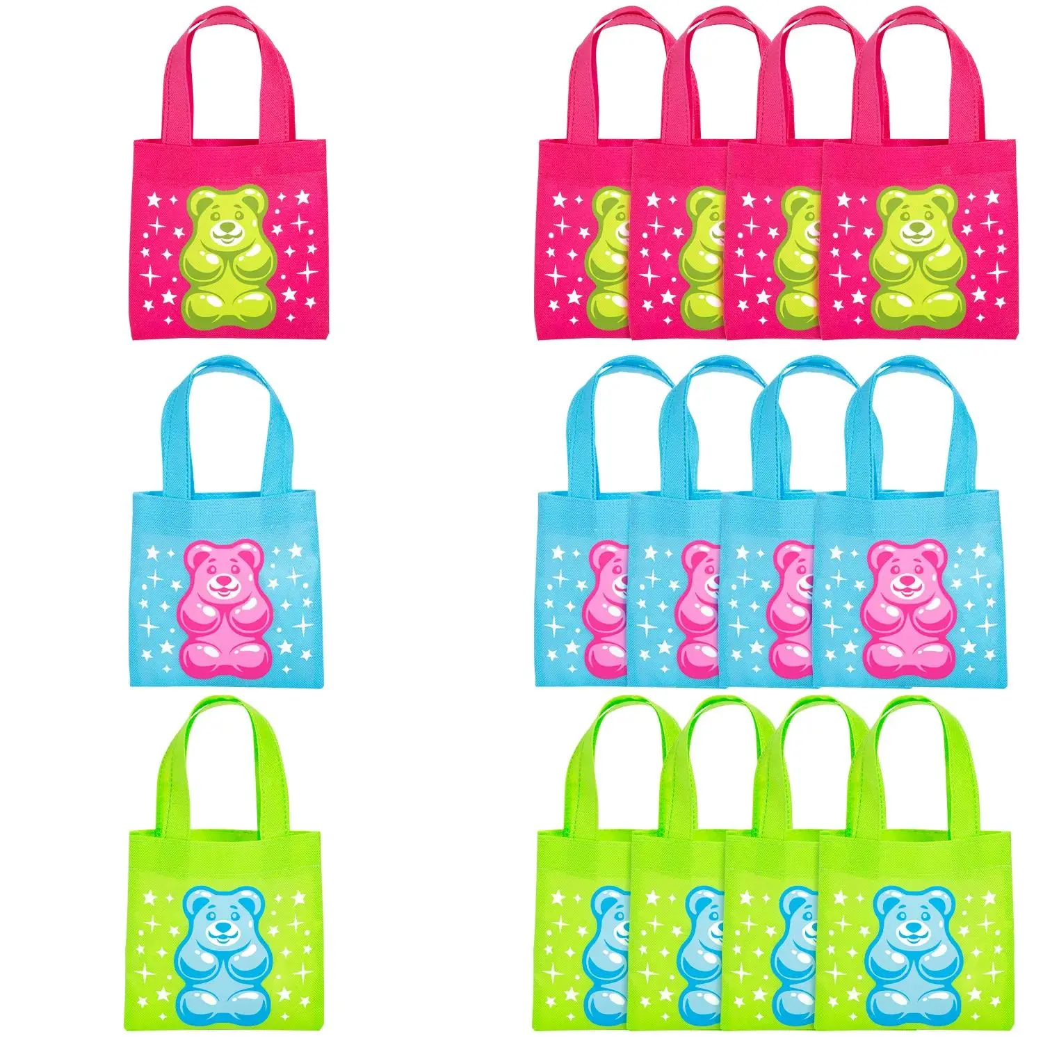 Men's 6"x6" Synthetic Nonwoven Tote Bags - Cartoon Figure Mini Candy Critters Gummy Teddy Bear Design, Double Handle, 12-Pc Set for Parties