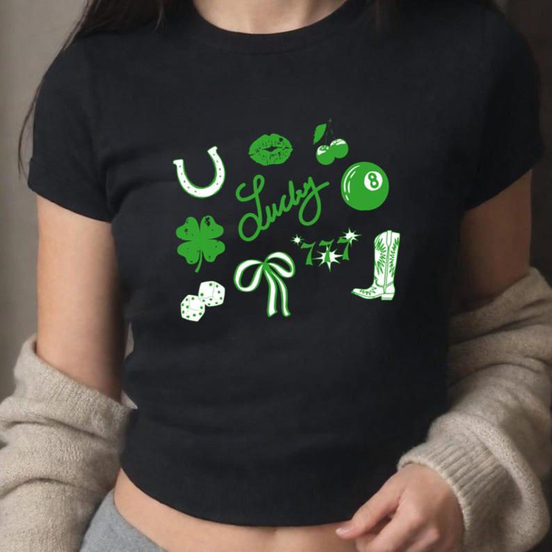 St Patrick's Day Baby Tee, Y2k Cropped Trendy St Patty's Day Baby Tee, Green Lucky Women_s Baby Tee, Day Drinking Top, St. Patrick's Day Gift, Gift For Her