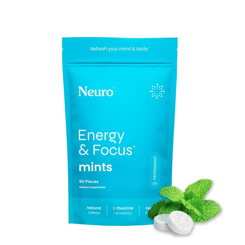 Neuro Energy Caffeine Mints (90 Pieces) - Sugar-Free Nootropic Mints for Energy & Focus with L-theanine, Caffeine, Vitamin B12 & Vitamin B6 - Peppermint Flavor Healthcare Fitness