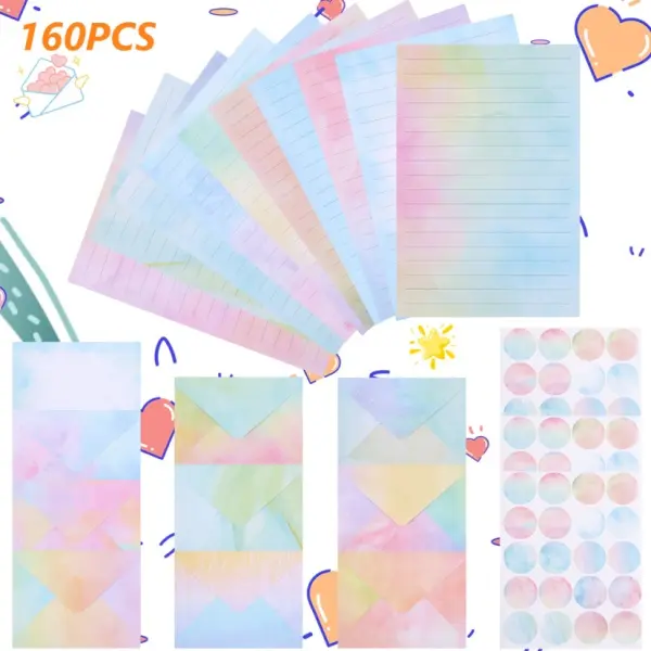 160 Pcs Stationery Paper Set 50 Double Sided Stationery Papers with 50 Matching Envelopes and 60 Round Dot Sticker, 10 Design(Watercolor,5.5 x 8.25 Inch)