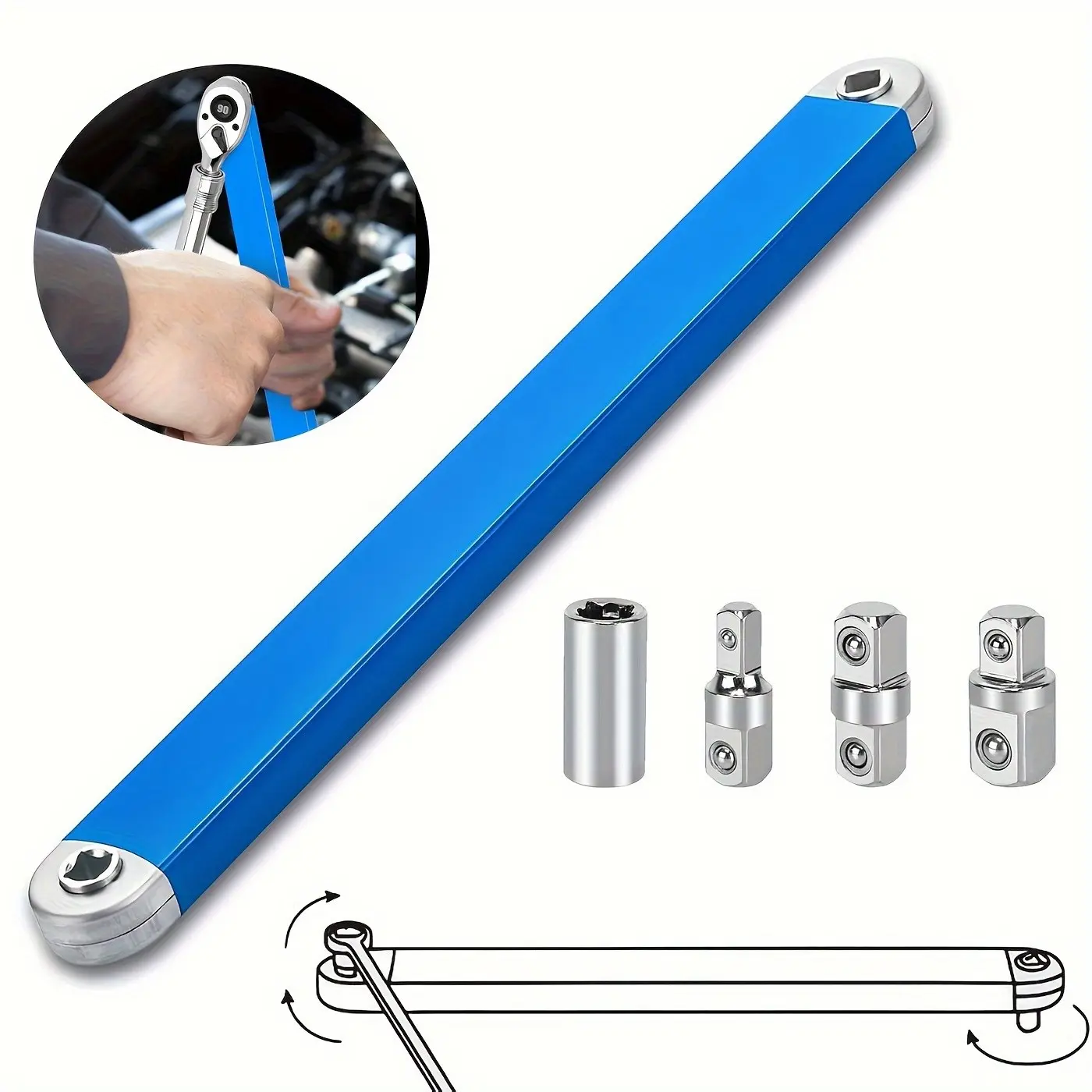 Offset Wrench Set, 15 Inch Impact Offset Wrench Kit, Automotive Offset Wrench, Includes 1/2", 1/4", 3/8" Square Adapters, Ideal for Tight Spaces