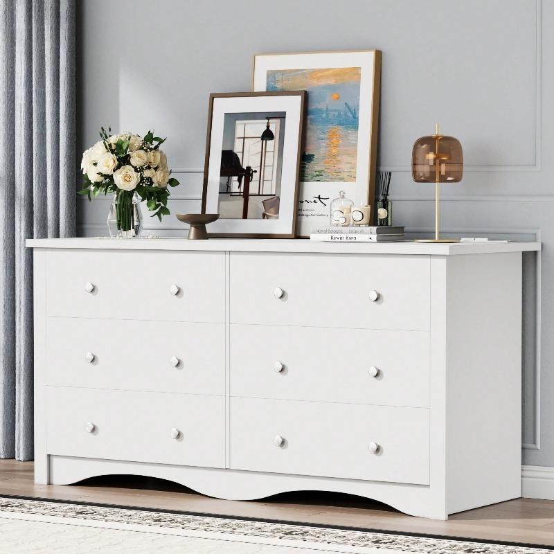 Furniwell Dresser With Power Outlet, 6 Drawers Dresser For Bedroom, Modern Chest Of Drawers, Wooden Dressers, TV Stand For Living Room,Closet, Hallway