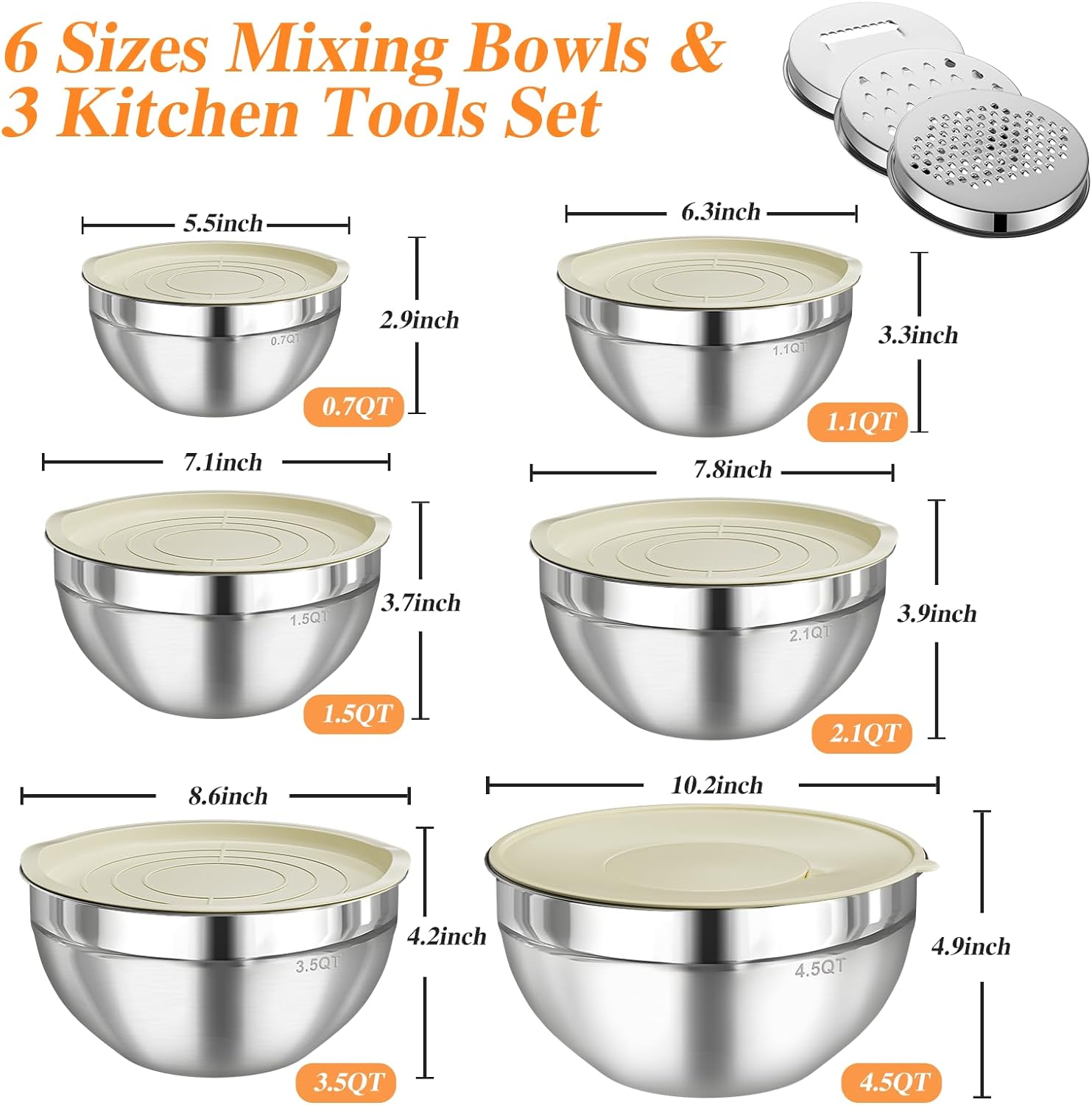 Mixing Bowl Set, 6 PCS Stainless Steel Mixing Bowls with 3 Grinder Attachments, Kitchen Food Organizer Nesting Mixing Bowls Tableware Durable