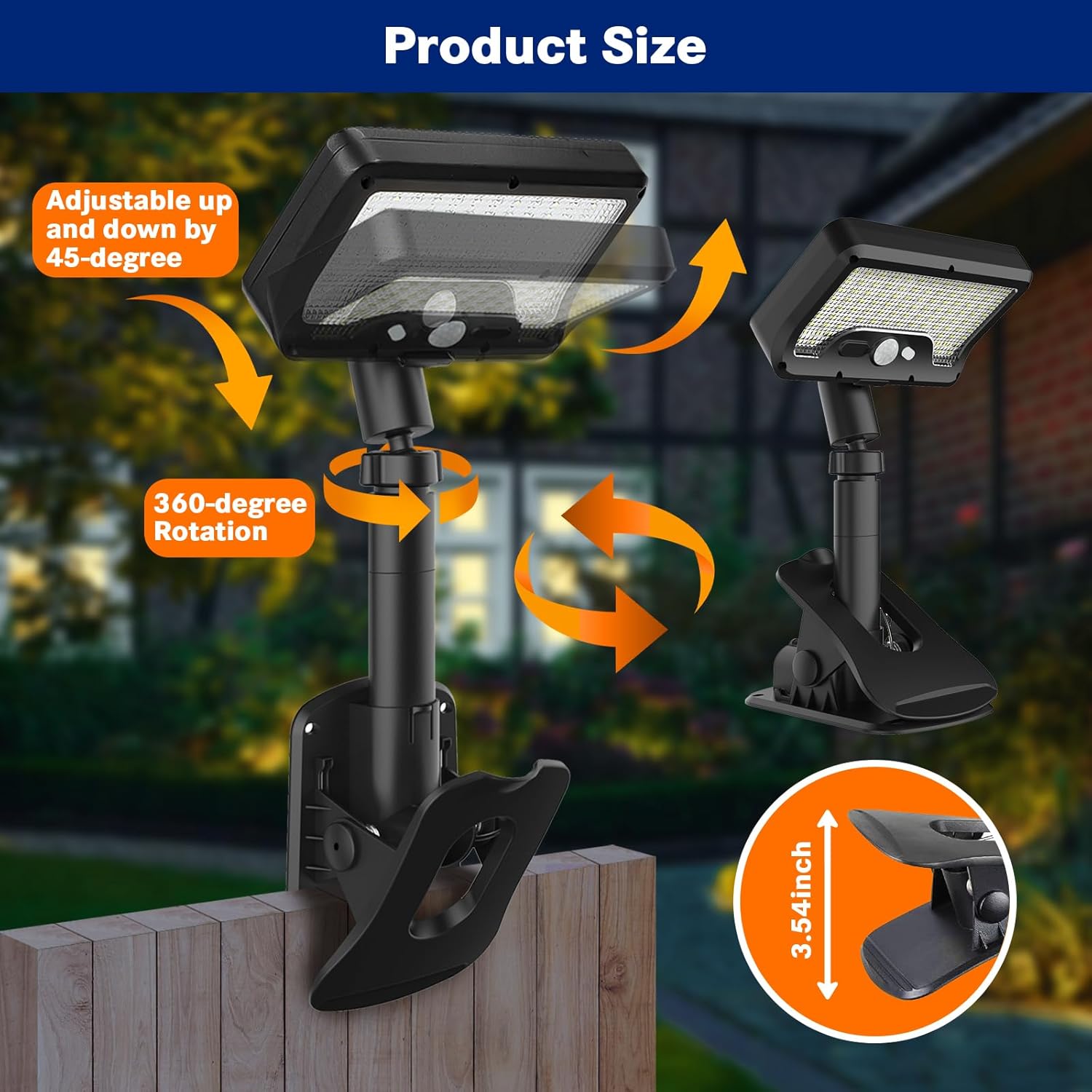 Clamp-on Solar Light with Motion Sensor, 360° Rotatable and Vertically Adjustable Solar Fence Light with 92 LED Lights