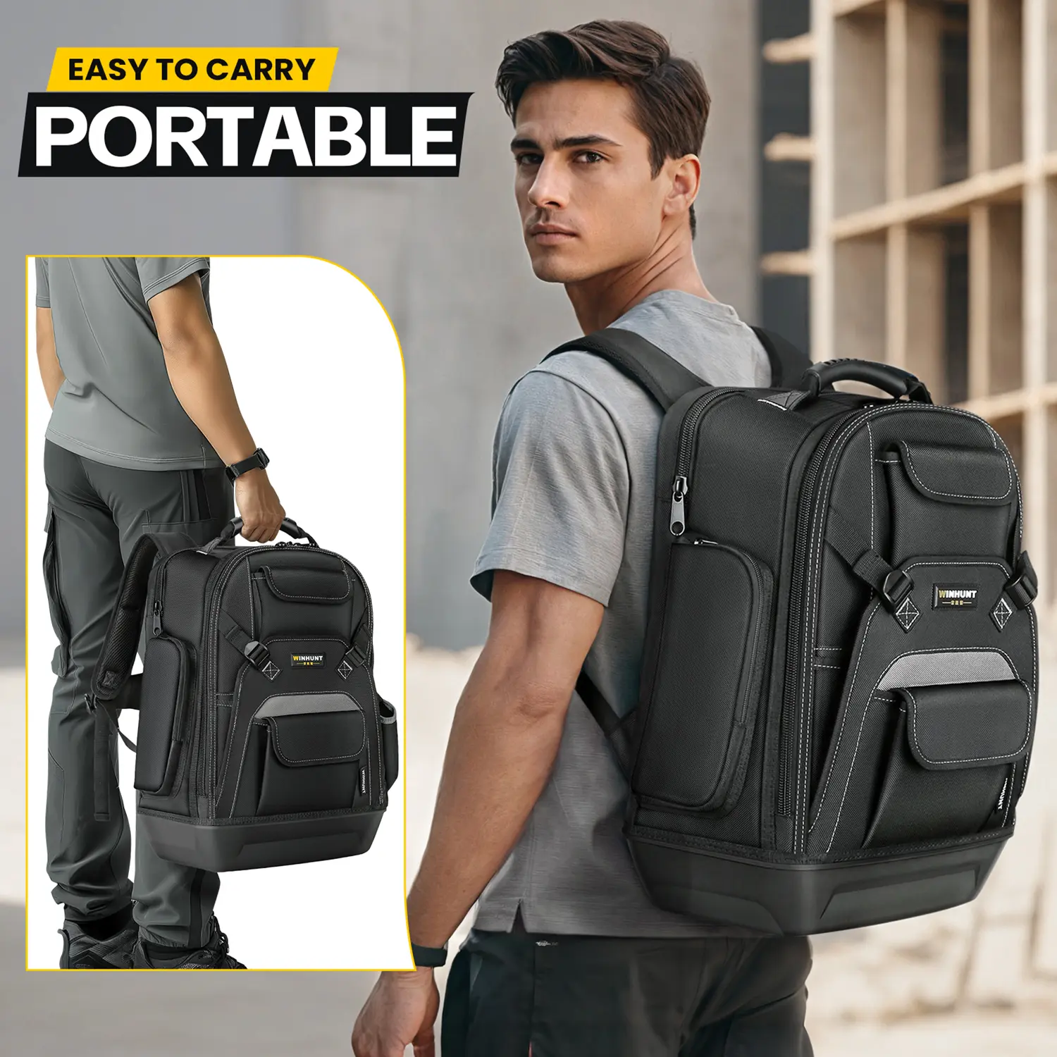 WINHUNT Tool Backpack for Men Heavy Duty Tool Bag Backpack with Waterproof Molded Base 23 Pockets Tool Storage Organizer Bag for Electrician Construction Work Black Portable