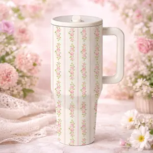 1 Pc 40oz insulated mug, double wall vacuum cup, leak proof thermal mug with handle and lid, keeps hot 12 hours cold 24 hours, large capacity tumbler for hot cold drinks, vintage floral stripe design, Stainless Steel Drinkware, birthday gift