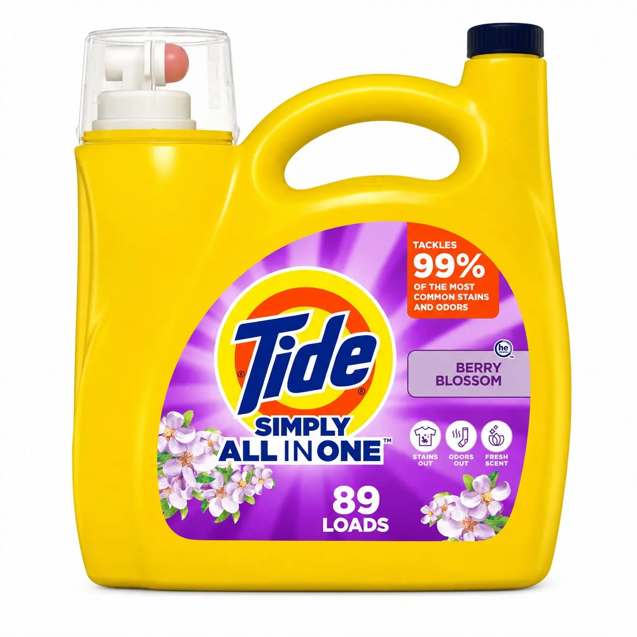 Tide Simply All-In-1 Liquid Laundry Detergent, Berry Blossom Scent, 112 FL Oz, 89 Loads, Powerful Stain Removal, Long-Lasting Freshness