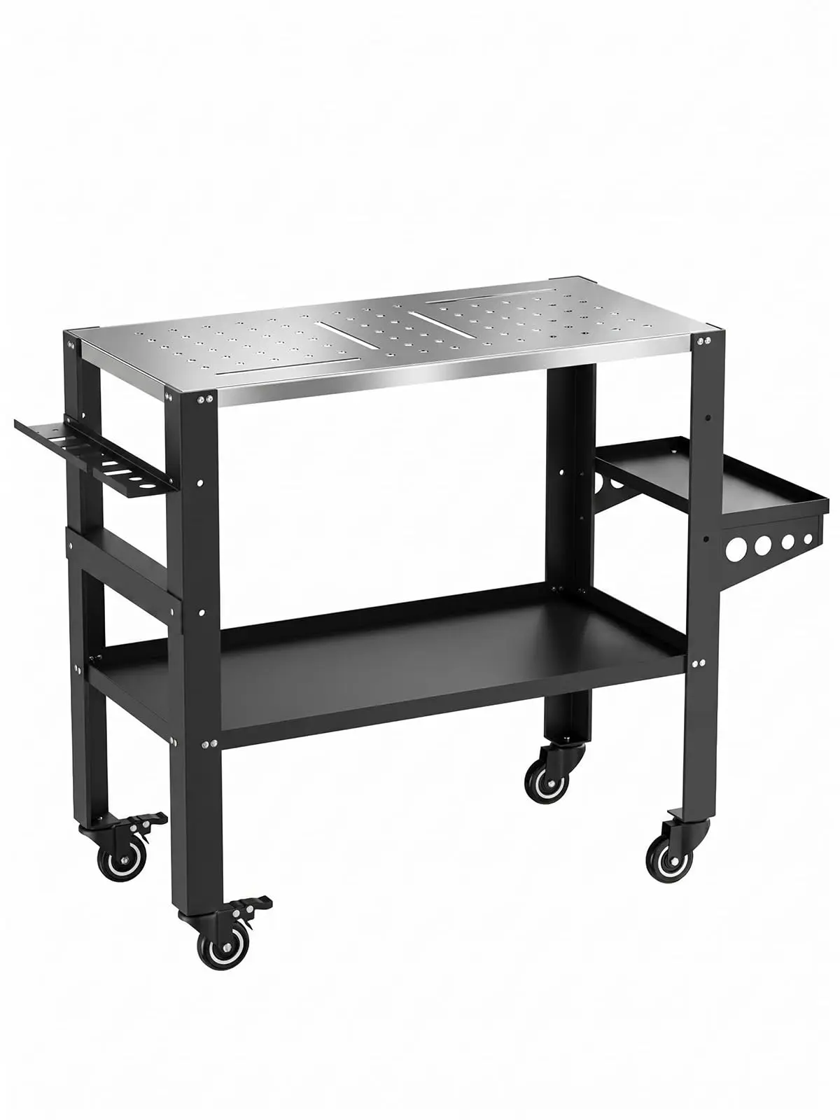 36 x 18 Inch Welding Table, 1200 lbs Capacity Welding Workbench Table with Lockable Wheels,Tool Rack & Tray, Tool Slots and 5/8" Fixture Holes for Garage, Black
