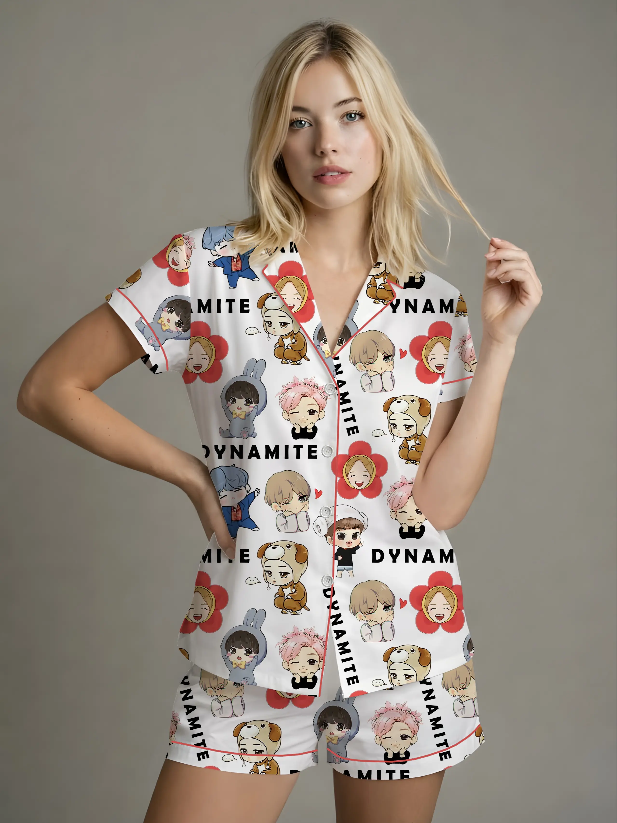 Kpop Tour Comeback Satin Pajamas Set, Idol Chibi Sleepwear, Button Up PJ Set, Cute Nightwear Gift for Kpop Fans