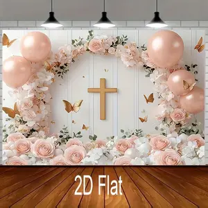 1pc 2D Flat banner Elegant pink balloon and rose baptism background with Golden butterflies - perfect for baptismal celebrations and cake table decorations for young people - multifunctional photo bo