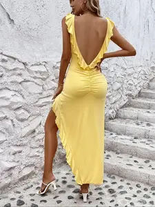 Women's Plain Ruched Ruffle Trim Split Thigh Bodycon Fit Dress, Chic Backless Sleeveless Long Dress for Party Club Dating Wear, Ladies Clothes for All Seasons, Womenswear, Backless Sleeveless Dresses