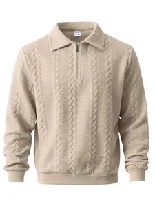 Men's Heavyweight Casual Commuter Simple Textured Collar Zipper Polo Long Sleeve Sweatshirt, Stylish and Comfortable, Perfect for Daily Wear