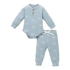 Newborn Infant Baby Boys Girls Clothes Sun Print Ribbed Long Sleeve Round Neck Knitted Romper+Trousers 2PCS Outfits