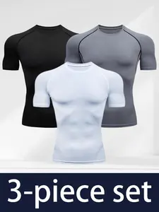 Men's Quick Dry Sports T-Shirt 3 Pack Breathable Workout Shirts Gym Running Fitness Athletic Tee Short Sleeve Moisture Wicking Polyester Crew Neck Tops for Men Outdoor Training Yoga Hiking Gray Black White
