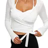 Danysu Ballet Wrap Tops Long Sleeve Cross Tie Crop Shirts for Women Deep V-Neck Dance Clothes Y2K Fall Cardigans Black Casual