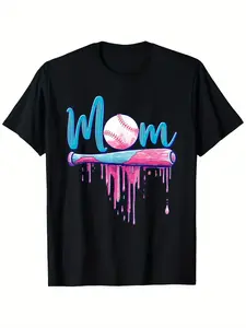 Softball Mom Graphic T-Shirt – Black with Pink & Blue Baseball Design, Breathable 100% Cotton, Comfortable Short Sleeve Tee for all-season comfort fit ,Casual Wear, Sizes S-4XL Men's Crew Neck Short Sleeve T-Shirts Cotton Printed