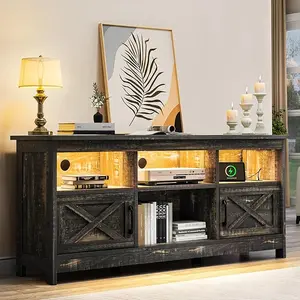 YITAHOME Farmhouse TV Stand with Power Outlet, Entertainment Center, LED Light Media Console, Simple TV Cabinet for Living Room or Bedroom