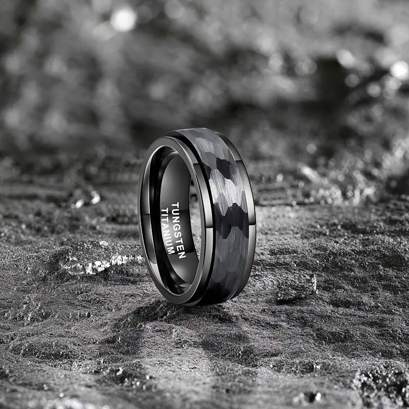 Men's 8mm Black Hammered Spinner Tungsten Ring - Classic Band Rings, Beveled Edges, Comfort Fit Fidget Jewelry for Stress Relief