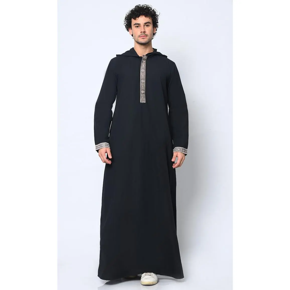 Versatile Style: Hidden Button Men's Black Thobe Hoodie with Pockets