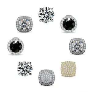 Men‘s Cubic Zirconia Stud Earrings | 4 Styles: 1CT Classic 4 Prong, Black Halo, Square Halo 0.5CT, Mismatched Gold Silver Full Pave | Hypoallergenic for Sensitive Ears, Tarnish Resistant Silver Plated, Diamond Simulant Daily Wear