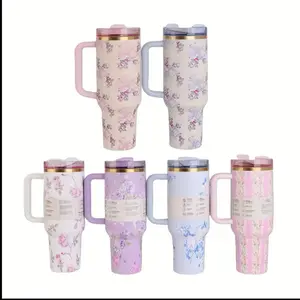 40oz Floral Stainless Steel Tumbler with Handle & Straw - Insulated Travel Mug for Coffee, Tea, Juice, and Water - Reusable Vacuum Cup with Twisted Lid, 316 Stainless Steel, Pastel Flower Designs, Versatile Beverage Container | Floral Pattern Mug | Durabl