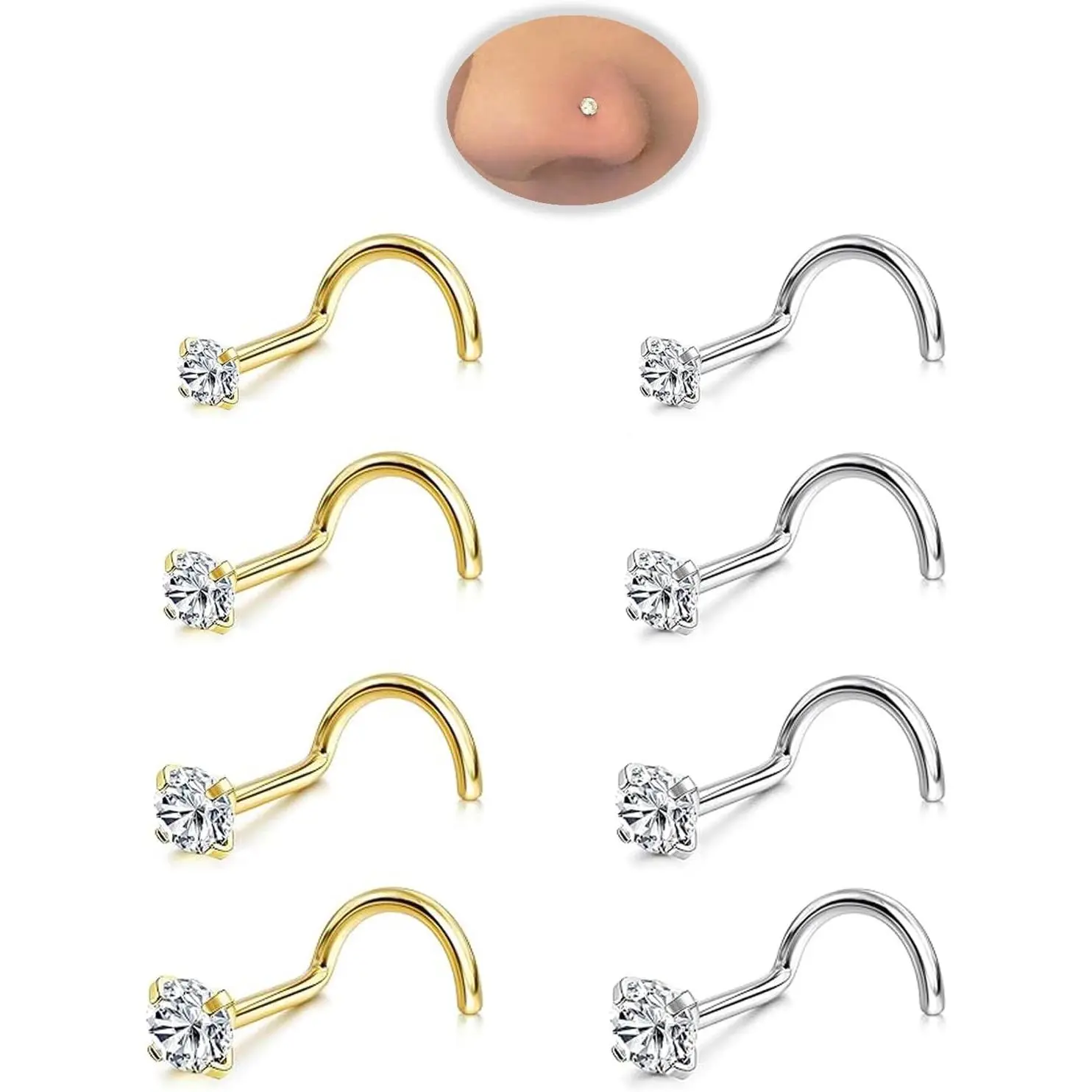 Women's Dainty 8Pcs 18G-20G Hypoallergenic 316L Surgical Steel Body Jewelry Set - 8pcs 18g gold/Silver Corkscrew Piercings, Multi-size 1.5mm-3mm Cubic Zirconia Small Studs for Casual/Ceremony Use