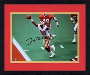 Framed Jerry Rice San Francisco 49ers Autographed 8" x 10" Hands Up vs Broncos Photograph - Fanatics Authentic Certified