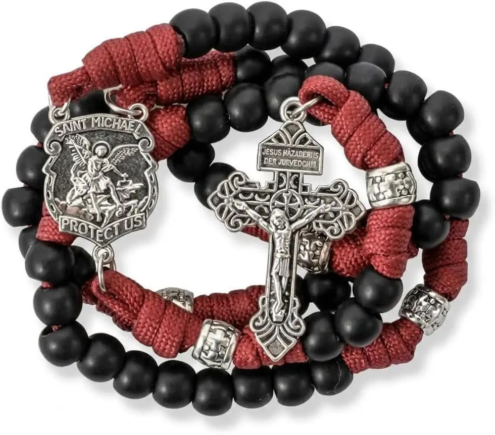 St Michael Paracord Rosary Beads, Rugged Catholic Necklace with Strong Cord & Pardon Crucifix, Prayer Aid