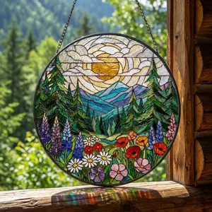 Forest Mountain Stained Glass Suncatcher – Nature Window Hanging – Mother’s Birthday Gift for Mom