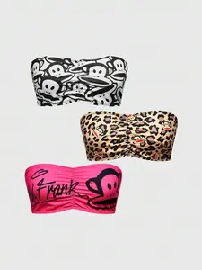 Paul Frank X 3pcs/Set Cartoon Pattern & Leopard Print Crop Tube Top Bra Set