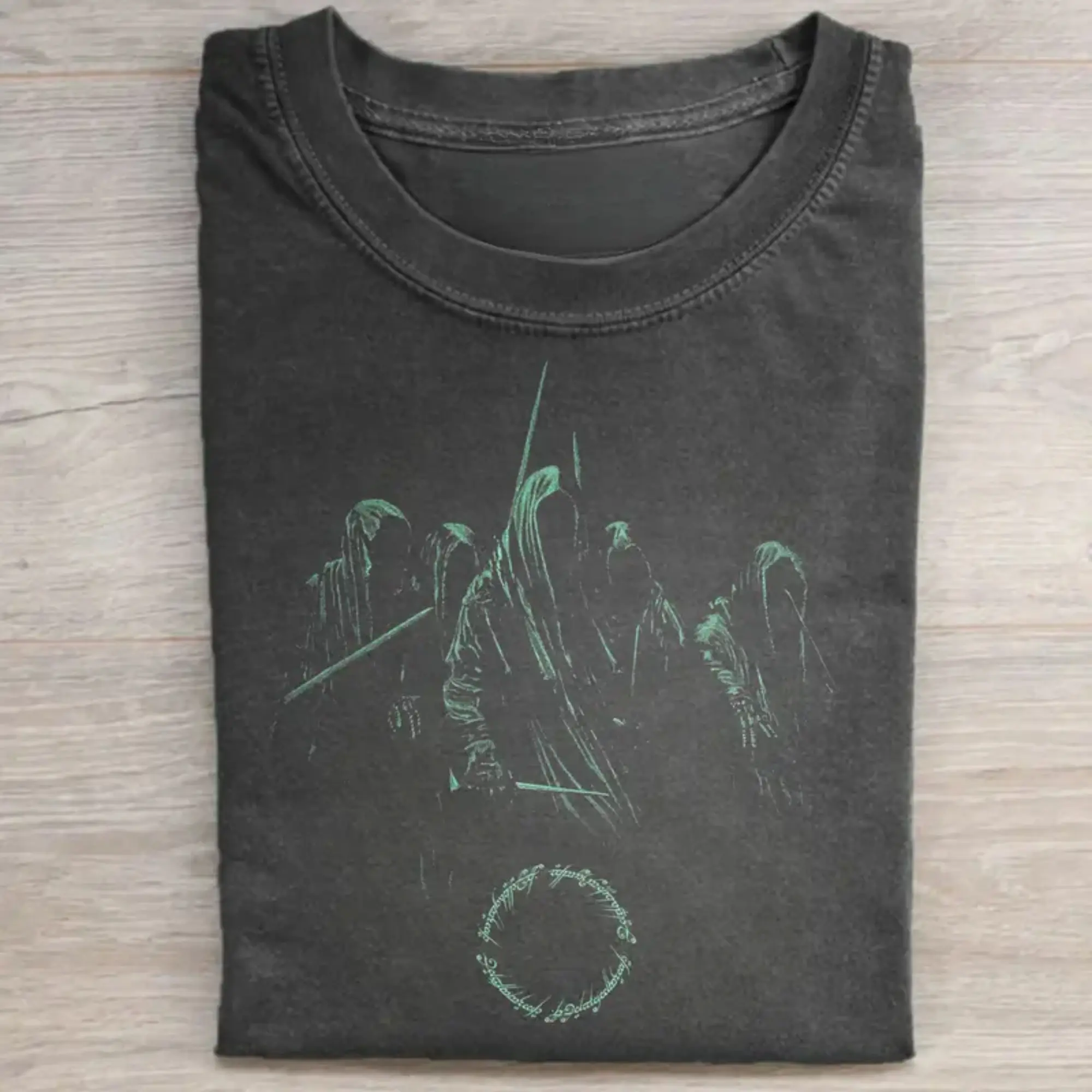 Vintage Graphic Round Neck Short Sleeve T-Shirt - Lord of the Rings Nazgul/Ringwraiths/Black Riders Print, Fitted Casual Streetwear T Shirts, Middle Earth Novel-Inspired