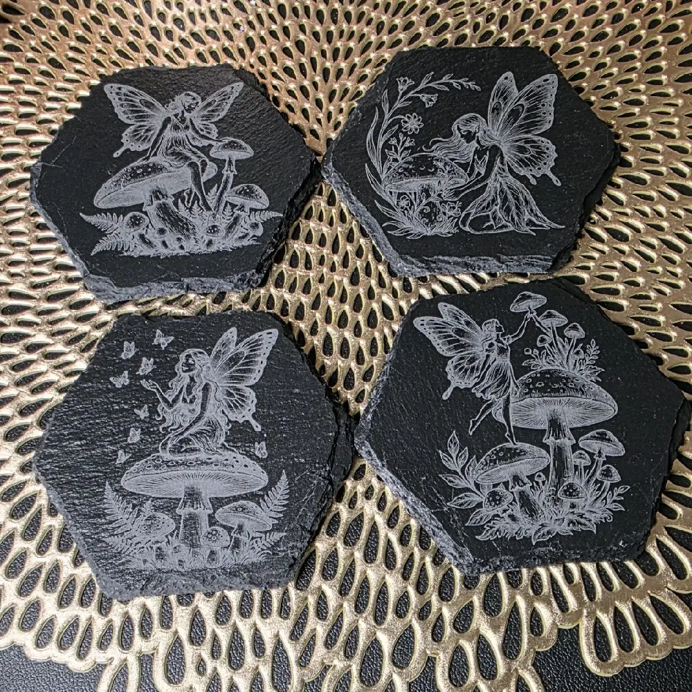 Tableware 4-Piece Slate Engraved Fairy Mushroom Coasters with Metal Coaster Holder