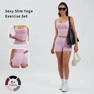 Tenwolf Women's Sports Set Two-Piece Yoga Outfit Quick-Dry Camisole Top with Chest Pads High-Waist Butt-Lifting Shorts for Running Fitness & Everyday Wear Pink Stretch Fabric Activewear Sportswear All Seasons