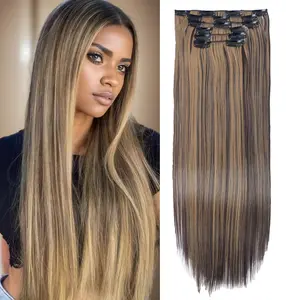 Clip in Hair Extensions 6PCS Straight Hair Extensions for Women 24 inch Heat Resistant Natural Fluffy Synthetic Clip-in Hairpiece Cool Brown with Blonde Highlights Set Busy Lifestyle Fashionable