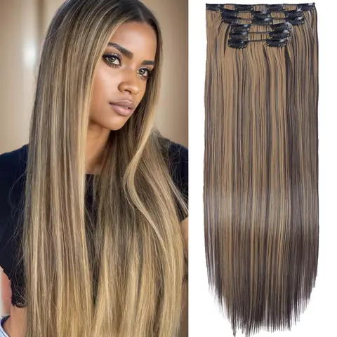 Clip in Hair Extensions 6PCS Straight Hair Extensions for Women 24 inch Heat Resistant Natural Fluffy Synthetic Clip-in Hairpiece Cool Brown with Blonde Highlights Set Busy Lifestyle Fashionable