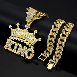14K Gold Plated King & Crown Pendant with Austrian Rhinestones Miami Cuban Link Chain Italy & Micro Inspired Unisex Hip Hop Necklace for Men & Women Jewelry,Daily Wear, Casual Fashion, Sporty Style, Gift Idea