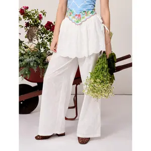 Cider Cotton High Rise Broderie Anglaise Ruffled Peplum Oversized Straight Leg Trousers