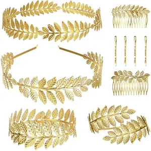 FINREZIO 10Pcs Greek Laurel Leaf Bracelet Armband Golden Crown Arm Cuff Bridal Jewelry Set Greek Goddess Headband Hair Comb Bridal Wedding Headpiece Hair Accessories Daily