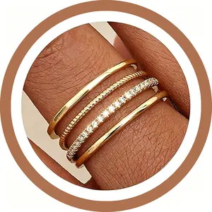 Women's 4PCS 14K Gold/Silver Plated Non-Tarnish Rings Set, 1.3mm Thin Dainty Cubic Zirconia Stackable Bands, Thumb Ring Jewelry Gifts (Sizes 7-9)